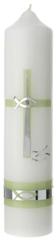 Holyart Candele, ceri, ceretti: Candela fascia argento verde Battesimo 265x60 mm