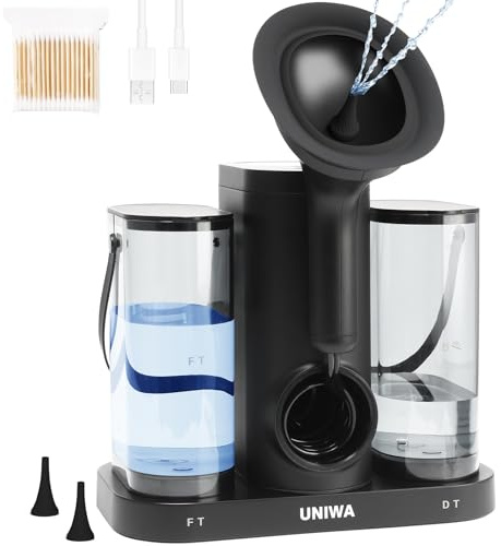 UNIWA Ear Wax Removal, Electric Ear Cleaner with Reusable Replacement Tips, 4 Pressure Settings, Safe and Effective Ear Rinsing Kit for Adults, Ear Irrigation Kit & USB-C Cable, IPX7, Black