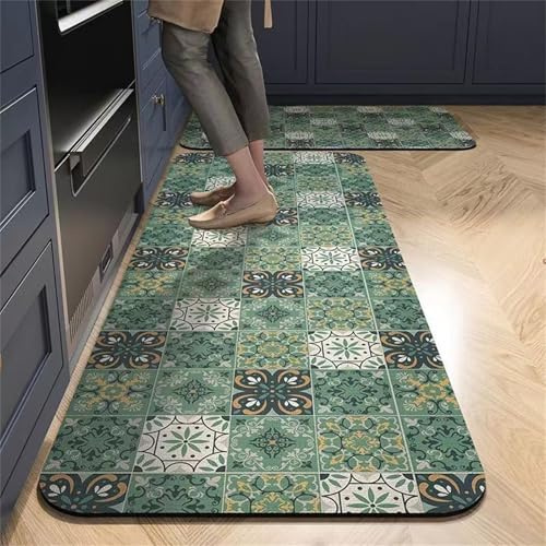 Highdi Tapis Cuisine Antidérapant Géométrie, Absorbant Tapis Cuisine, Diatomite Tapis Cuisine Devant Evier,Lavable Tapis de Cuisine,pour Salon Salle de Bain Tapis Couloir (Vert Européen,40x160cm)