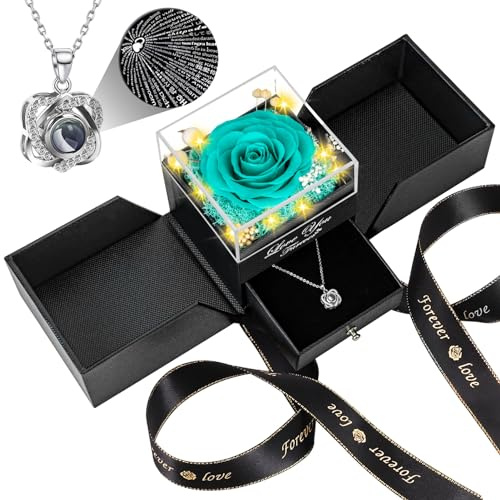 Lebana Preserved Real Navy Blue Rose Birthday Gifts for Women Wife Her Mum Mother Girlfriend Girl Grandma with I Love You Heart Necklace Eternal Rose Flowers on Anniversary Valentine's Day Christmas