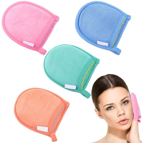 4 Stück Peelinghandschuhe Gesicht, Wiederverwendbar Massagehandschuh Waschbar Duschschwamm Peeling Handschuh Badeschwamm Exfoliating Gloves für Körper Und Gesicht (Blau Grün Orange Rosa)