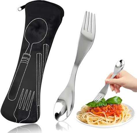 Spork Camping Cutlery, Reuseable Sporks Stainless Steel Portable Camping Spork with Cutlery Bag for Picnic Travel Outdoor (Black)