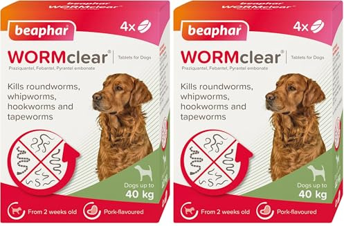 Beaphar | WORMclear® Tablets for Dogs up to 40kg | Kills All Common UK Intestinal Worms (Roundworms & Tapeworms) | Vet Strength Treatment | Pork-flavoured | 4 tablets (Pack of 2)
