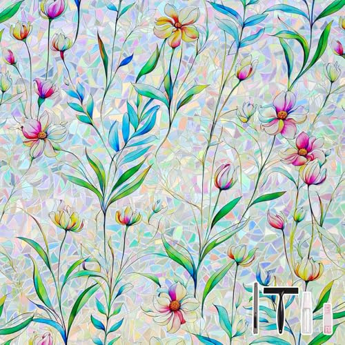 LEMON CLOUD Window Privacy Film Rainbow Film Decorative Window Clings, 3D Decals Stained Glass Stickers Coverings Tint for Home Heat Control, Non-Adhesive 17.5 x 78.7 Inch