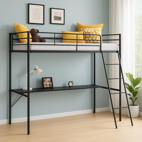 Karl home Metal Single Bed Frame with Study Desk, Loft Space Saving Bunk Beds Built-in LED Lights W/Remote Control & Safety Ladder, Fit for Small Rooms (Black)