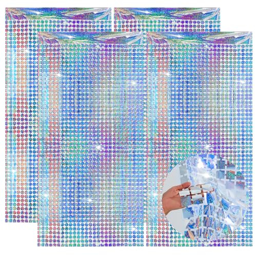4PCS Silver Tinsel Glitter Curtain, Disco Party Decorations Foil Fringe Curtain Glitter Block Tinsel Backdrop for 70s 80s 90s Theme Disco Party Bachelorette Iridescent Decorations Supplies