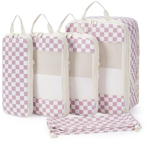 Narwey 5 Teilige Kompression Koffer Organizer Set, Compression Packing Cubes Reise Packwürfel Rucksack Organizer Set Packtaschen für Koffer, Kofferorganizer Travel Essentials Bag (Checker Altrosa)