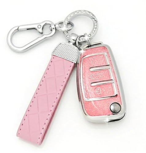 SparkleJoy Autoschlüssel Hülle mit Leder-Schlüsselanhänger Kompatibel mit Audi A1/A3/A4/A6/Q3/Q5/Q7/S3/R8/TT/Seat 3 Tasten Schlüssel, TPU Silikon Schutzhülle Cover - Flip Key (Rosa)