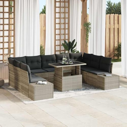 Qnhdfrt 10-teiliges Garten-Sofa-Set mit Kissen aus Poly-Rattan in Beige und Dunkelgrau, modernes Outdoor-Loungeset mit Stauraum für Terrasse, Balkon und Garten