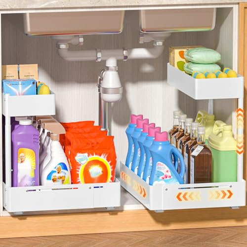 YJHome Ausziehbare Spülschrank Organizer, Metall Unter Waschbecken Regal 2 Etagen, Verstellbare Breite Höhe, Herausziehen Under Sink Organizer für Küche, Bad, Unterschrank, 2 Stück Weiß