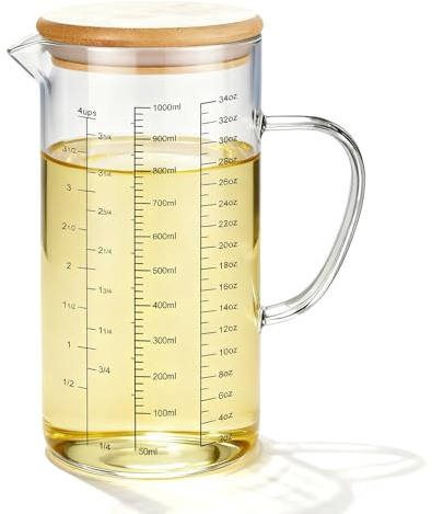 1L Messbecher Glas, Hitzebeständiges Borosilikatglas mit Griff und Skala, Präzise Messskala Messbecher mit Deckel, Glasmessbecher für Küche und Backen