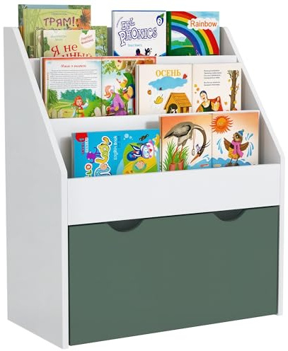 AIYAPLAY Libreria per Bambini 3-8 Anni a 3 Ripiani con Cassetto Inferiore, Scaffale Portagiochi in Legno MDF, 62.5x30x70 cm, Bianco e Verde