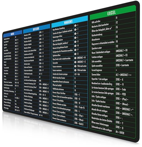 TITANWOLF - XXL Speed Gaming Mauspad 1200 x 600mm - Excel Windows Outlook Word Shortcut Tastenkürzel auf DEUTSCH - Schwarz