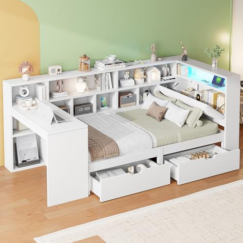 Kebnor L-förmiges Holz-Plattformbett mit Schreibtisch und Bücherregal, Eck-Kapitänsbett mit gepolstertem Kopfteil, Schubladen unter dem Bett, LED-Licht - Weiß (90x200cm)