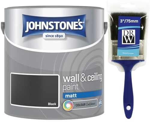 Black Johnstone’s Wall & Ceiling Matt Paint 2.5L + 3 Fence Paint Brush – Smooth Matt Finish, Excellent Coverage, Quick Dry, Low Odour Interior Paint for Walls & Ceilings