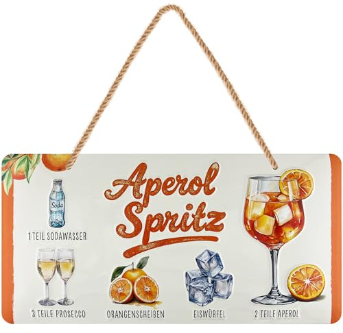 LANOLU retro Blechschild Spritz, Cocktail schild für Bar Deko, Schild Bar mit Jutelkordel, Retro Bar Wanddeko für Partyraum Küche Balkon Strandbar, 16x32 cm