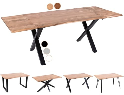 SAM Esstisch Avino 180(280) x90 erweiterbar Akazie Natur X-Gestell schwarz | Baumkantentisch massiv, Akazienholz naturfarben, ausziehbar mit Ansteckplatten, für 8-10 Personen