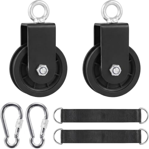 90mm Cable Pulley System with Hanging Strap & Carabiner, 150kg Heavy Duty Home Gym Pulley Block for DIY LAT Pulldown, Cable Lifting Machine Workout Equipment, 2 Sets Black