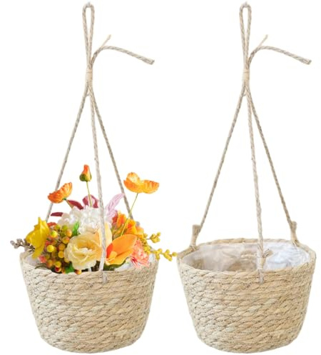 Faticenic 2Pcs Hanging Baskets Natural Seagrass Woven Plant Pot Hanger with Rope Hanging Baskets for Plants for Home Decor, Indoor & Outdoor Use, Indoor Decorations