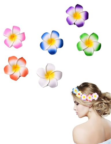 UEAVOID Pinzas de Pelo Flor Plumeria Hawaianas de Espuma, 6 Piezas de 7cm, Colores Surtidos para Mujer y Niña, Accesorios para Cabello de Verano, Playa, Fiesta y Boda