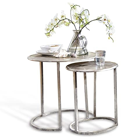 Loberon Beistelltisch 2er Set Bodhi, Zwei Größen, Ineinander Schiebbar, Zeitloses Design, Beistellmöbel, Abstelltisch, Aluminium, antiksilber