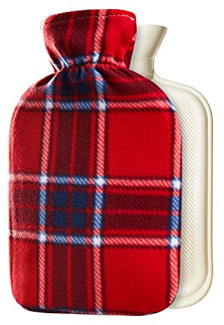 Wärmflasche mit schönen Fleece-Druck Soft Cover Premium Naturkautschuk 2 Liter Heißwasser-Tasche - hilft Wärme und Komfort (Rot Kariert)