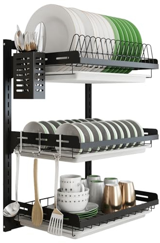 junyuan Hanging Dish Drying Rack Wall Mount,Dish Racks Drainer,3 Tier Kitchen Plate Organizer Storage Shelf with Drain Tray with 3 Hooks,Stainless Steel Black Large Ajustable Height
