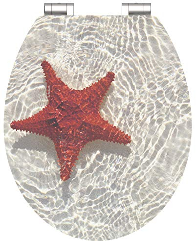 WC-Sitz - Toilettendeckel | Klodeckel mit Absenkautomatik | Hochglanz MDF Holzkern | Toilettensitz mit Muster (Red Starfish)