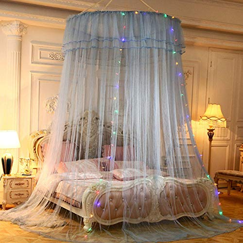 QINGJIE Moskitonetz Bett Baldachin ，mit LED Schlaflampe，Prinzessin Moskitonetz aus Spitze，Baldachin Baby ，Geeignet für Einzel- und Doppelbetten(Grau)