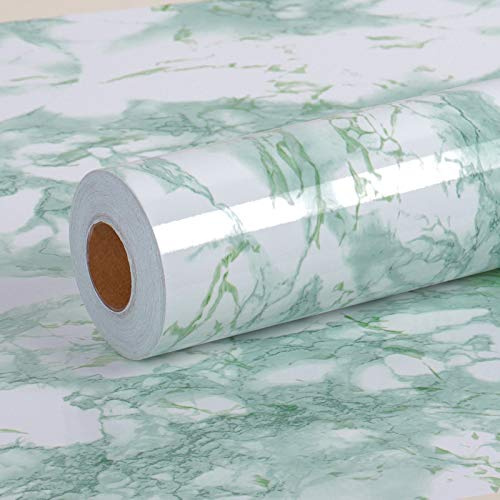 VEELIKE Klebefolie Möbelfolie Grün Marmoroptik Tapete 40cm x 1800cm Wasserdichte Küchentapete Selbstklebend PVC Folie Wandtapete für Fensterbank Schrank Zimmer Tisch