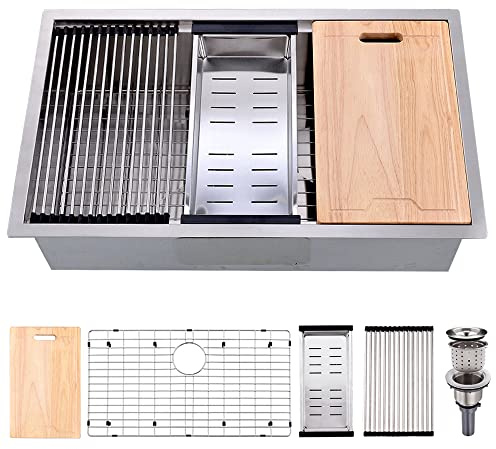 BoomHoze 32-inch Undermount Workstation Kitchen Sink Single Bowl 16 Gauge Stainless Steel Kitchen Sink Handmade R10 Deep Basin