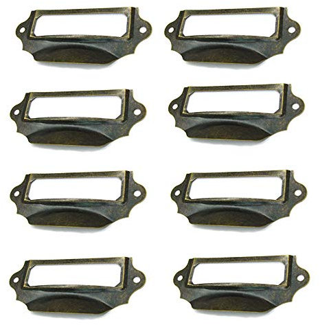 SagaSave Etikettenhalter-Ziehgriffe, Vintage-Eisen-Etikettenrahmen, Schubladenknöpfe mit Schrauben für Schrank, bronzefarben, 90 x 40 mm, 8 Stück