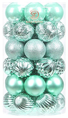 Sea Team Lot de 41 boules de Noël avec ficelles, 60 mm, boules de taille moyenne, en plastique incassable, décorations à suspendre pour sapin de Noël, vacances, mariage, fête, menthe