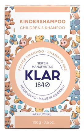 Klar Seifen Festes Kindershampoo (100 g, ohne Duftstoffe, ab 1. Lebensjahr geeignet, Kinder Shampoo, sanft reinigend & nährend, für empfindliche Haare & Kopfhaut, Bad & Dusche Zubehör) 11477