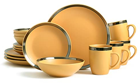 Bestone 16 Piece Round Kitchen Dinnerware Sets,Plates and Bowls sets,Dishes, Plates, Bowls, Mugs, Dish Set，Plates and Bowls,Service for 4, Stoneware (round, green and gold rim)