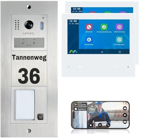 MATHFEL 2-Draht-Bus WLAN Video Türsprechanlage - Personalisierte Außenstation inklusive Gravur, ideal für Einfamilienhaus, mit 2x7'' Monitoren