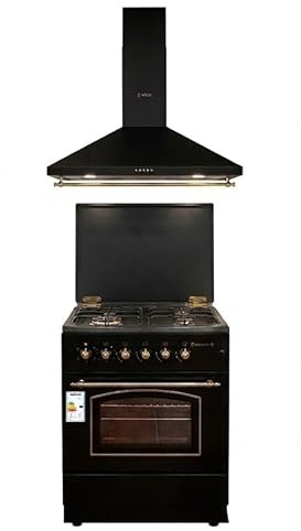 CONJUNTO PACK COCINA A GAS SOLTHERMIC HORNO ELÉCTRICO F6S40E5RB + CAMPANA 60 CM A JUEGO NEGRA RÚSTICA RIBETES DORADOS 350m3/h