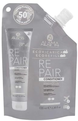 Alama Professional Eco-Refill Repair Conditioner, Balsamo Ristrutturante con Cheratina per Capelli Danneggiati e Sfibrati, Trattamento Tonificante e Ristrutturante, 90% Ingredienti Naturali, 100ml
