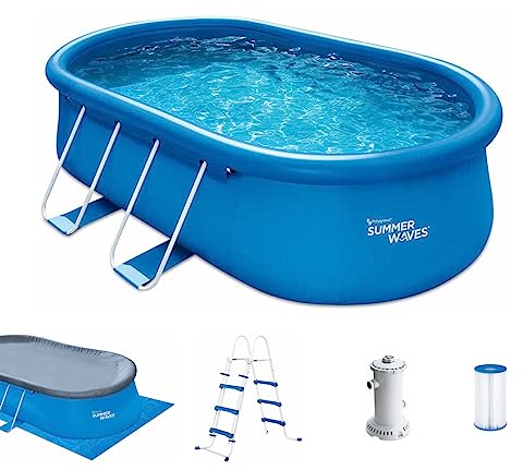 Summer Waves Quick Up Pool Komplettset | Oval 457x305x107 cm Blau | Aufstellpool Set | Gartenpool & Schwimmbecken inkl. Filterpumpe, Leiter, Bodenvlies & Abdeckplane