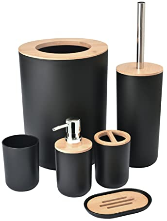 Yorkmills Bamboo Bathroom Accessories, 6 Pieces Black Bathroom Accessory set, Bathroom Bin Toilet Brush Set, Durable Toothbrush Holder Cup, Soap Dispenser With Pump, Soap Dish Holder, Modern Trash Can