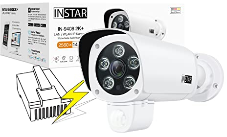 INSTAR IN-9408 2K+ PoE Blanco - cámara de vigilancia LAN/PoE con Inteligencia Artificial - cámara Exterior Resistente a la Intemperie - Power Over Ethernet IEEE 802.3af - HomeKit - PIR - RTSP