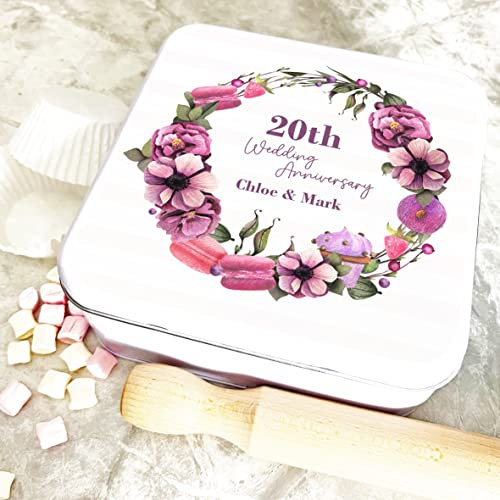 Fingerprint Designs Square Pink Macarons Floral 20th Wedding Anniversary Personalised Cake Tin
