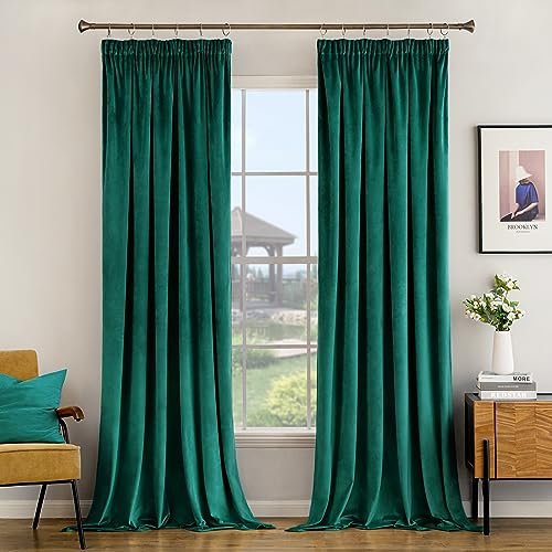 Woaboy Pencil Pleat Velvet Green Curtains 90 Drop for Living Room Luxury Soft Drapes for Bedroom Window Treatment for Thermal Insulated & Room Darkening Dark Green W 46 x L 90, 2 Panels