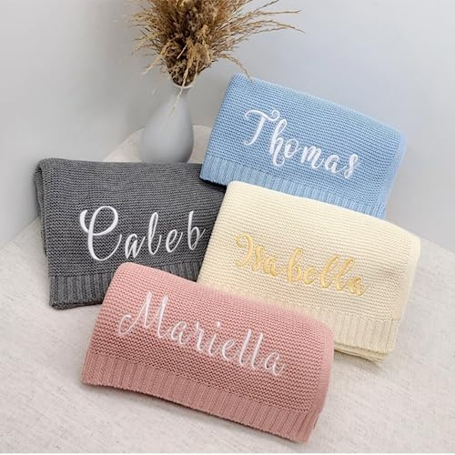 Babydecke mit besticktem Namen, Babydecke, Kinderwagen-Decke, Geschenk für Neugeborene, weich, atmungsaktiv, Baumwolle, Strickdecke (kein Name)
