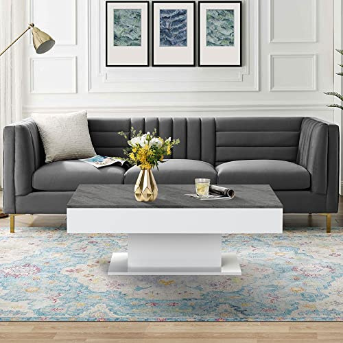 ML-Design Mesa de Centro Baja con 2 Compartimentos de Almacenaje 110 x 60 x 40 cm Tablero Deslizante Blanco con Aspecto de Hormigón Tablero de Partículas Revestido de Melamina Mesita Auxiliar Arcón