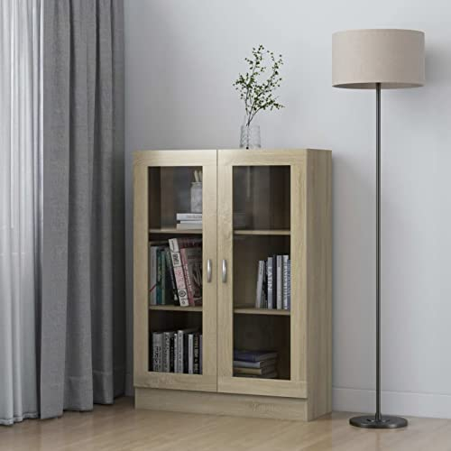 TANZEM Vitrinenschrank, Vitrine, Wandschrank, Schrank Regal, Glasregal, Glasvitrine Stehend, Eckvitrine, Manga Regal, Sonoma-Eiche 82,5x30,5x115 cm Spanplatte