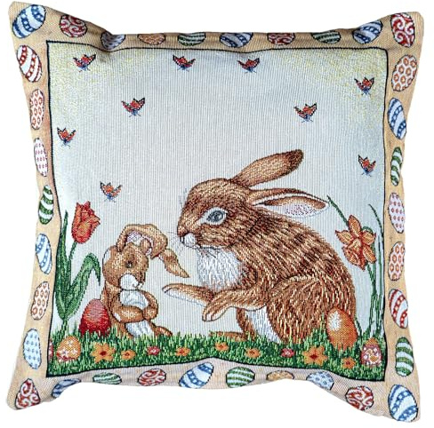 heimtexland Gobelin Dekokissen Ostern Deko Kissen Bezug mit Baumwolle Osterdeko Natur Kissenbezug Landhaus Sofakissen Typ884 Kissenhülle 40x40 cm Hasen Mama