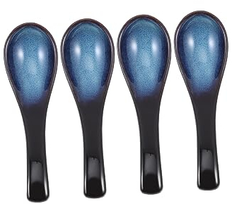 CIYODO Ceramic Soup Spoon and Porridge Spoon Set 4pcs Japanese Retro Blue Ceramic for Ramen Rice and Soup Use