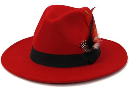 FULUJIDI Fedora Trilby Filzhut Hut Panama Jazz Fedora Hut Mit Breiter Krempe Feder Gürtel Kirche Top Caps 59 To60 cm Rot