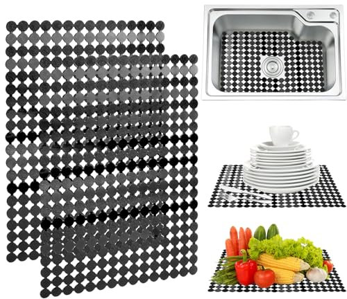POFIBO 2er-Set Spülbeckenmatte, Schutzmatte für Spülbecken, 30x40cm Spülbeckeneinlage PVC Zuschneidbare Abtropfmatte Verstellbare Spülmatte für Spülbecken, Einlagen für Spülbecken Küche/Bad, Schwarz